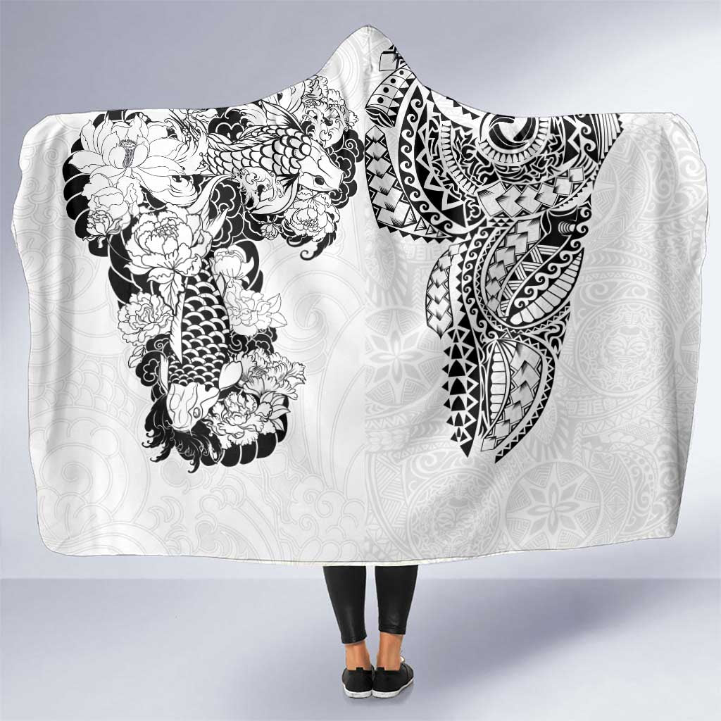 Japanese Irezumi and Hawaiian Polynesian Art Tattoo Hooded Blanket White Color - Wonder Print Shop