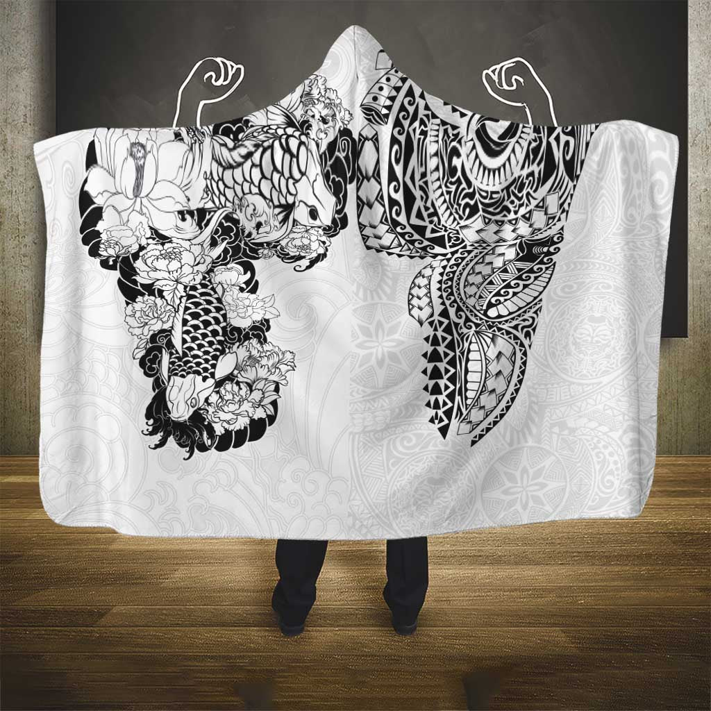 Japanese Irezumi and Hawaiian Polynesian Art Tattoo Hooded Blanket White Color - Wonder Print Shop