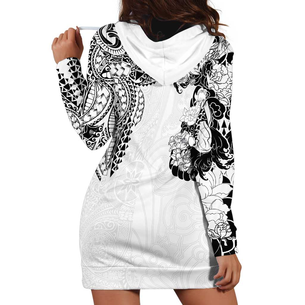 Japanese Irezumi and Hawaiian Polynesian Art Tattoo Hoodie Dress White Color - Wonder Print Shop
