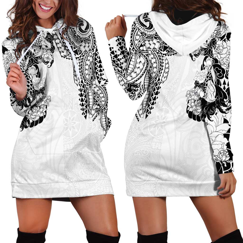 Japanese Irezumi and Hawaiian Polynesian Art Tattoo Hoodie Dress White Color - Wonder Print Shop