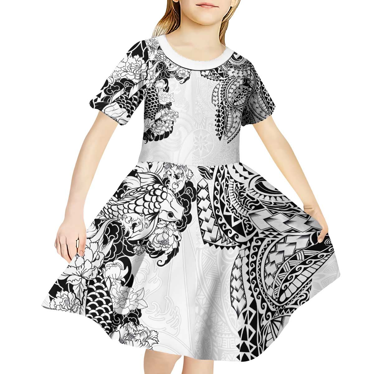 Japanese Irezumi and Hawaiian Polynesian Art Tattoo Kid Short Sleeve Dress White Color - Wonder Print Shop