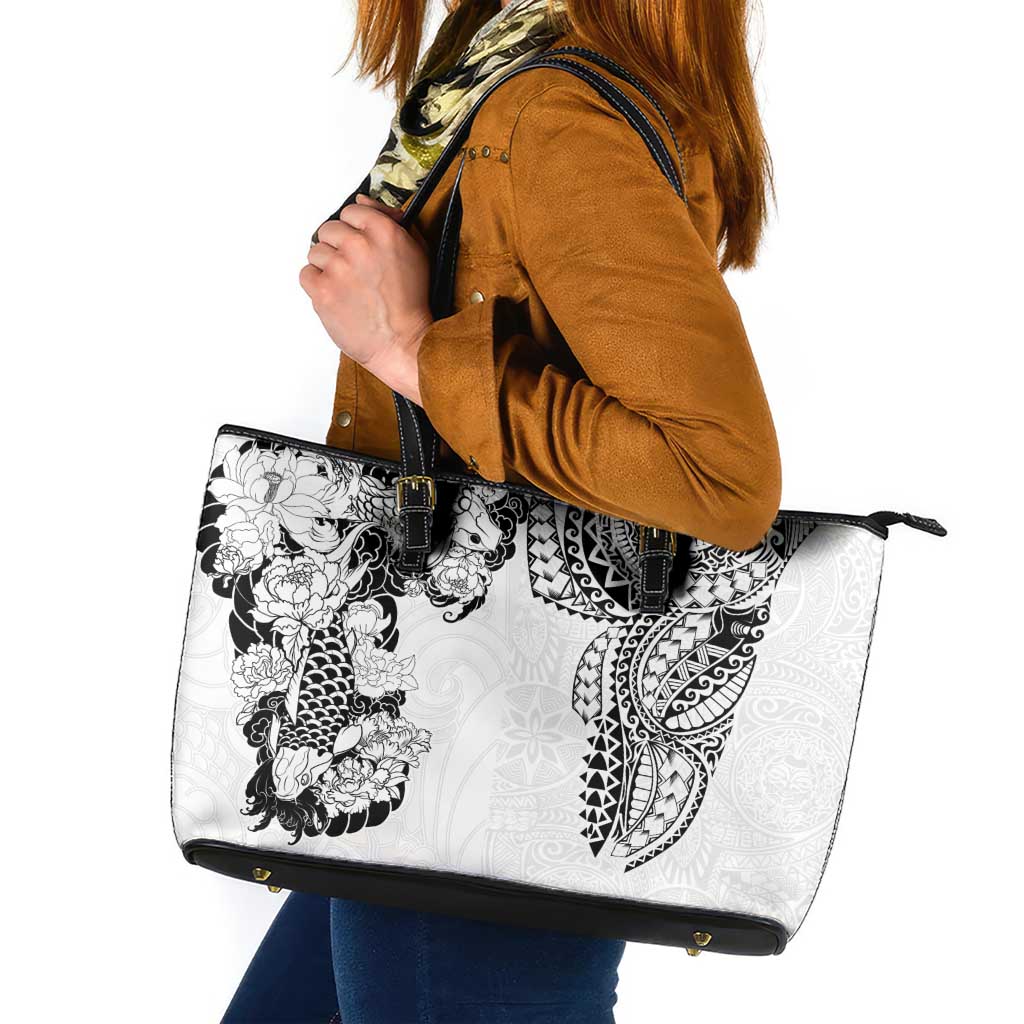 Japanese Irezumi and Hawaiian Polynesian Art Tattoo Leather Tote Bag White Color - Wonder Print Shop