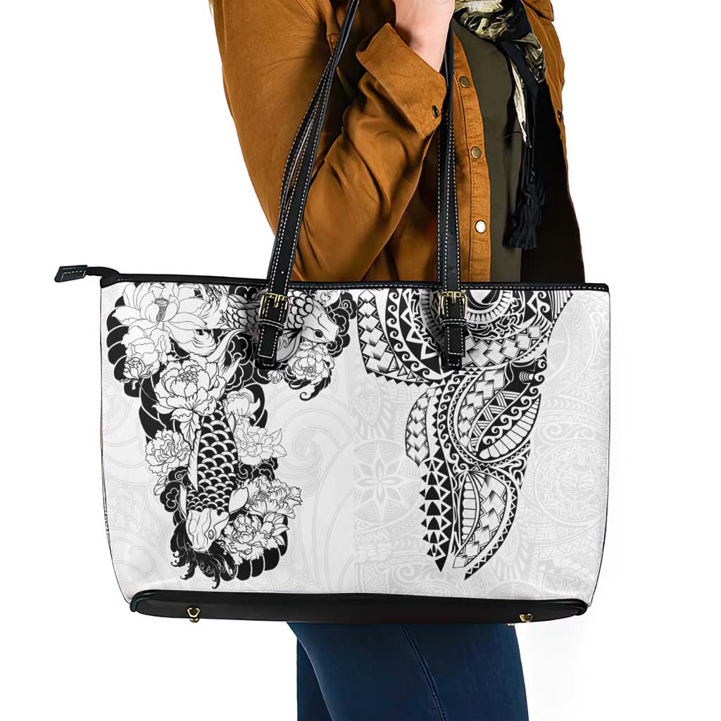 Japanese Irezumi and Hawaiian Polynesian Art Tattoo Leather Tote Bag White Color - Wonder Print Shop