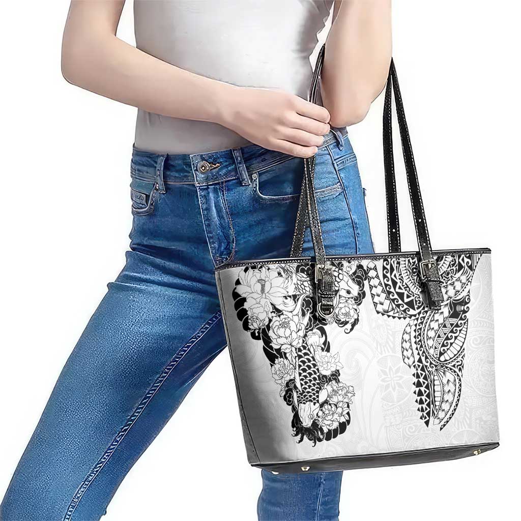 Japanese Irezumi and Hawaiian Polynesian Art Tattoo Leather Tote Bag White Color - Wonder Print Shop