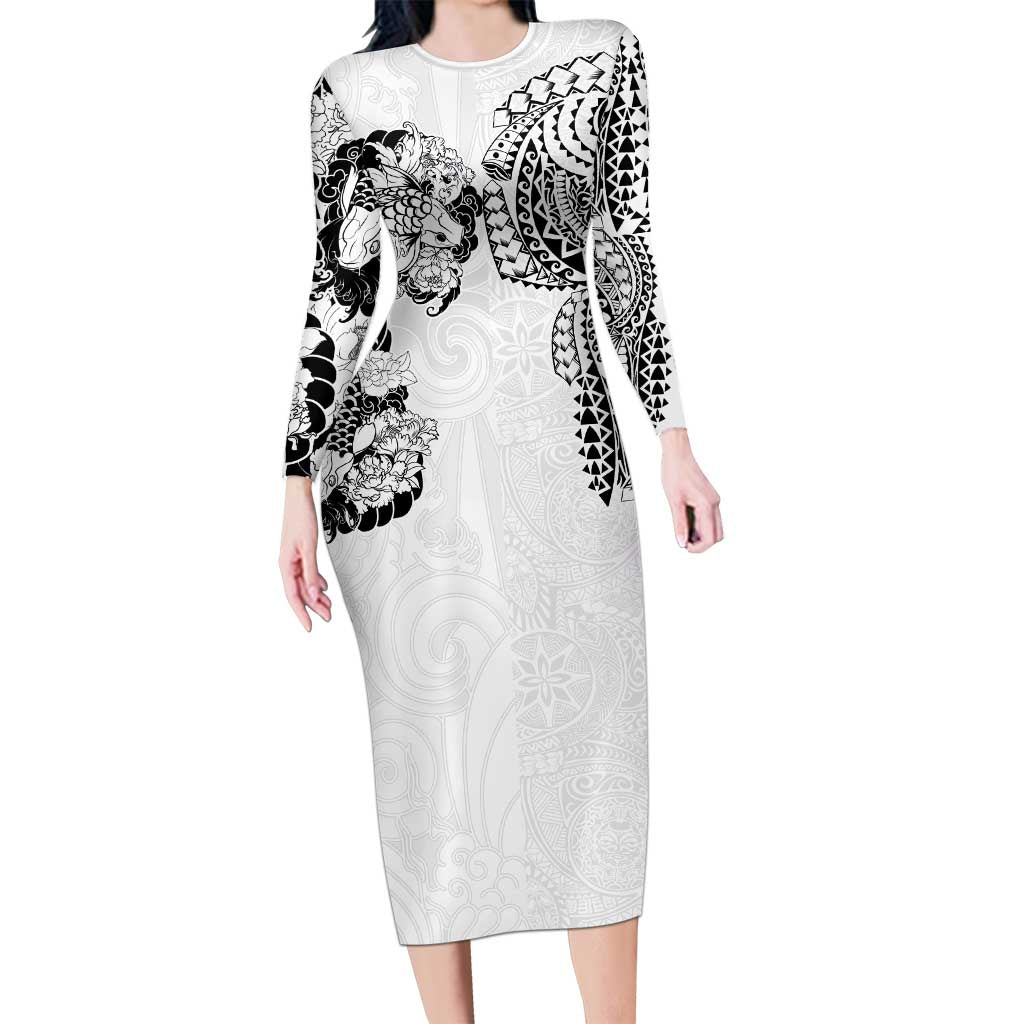 Japanese Irezumi and Hawaiian Polynesian Art Tattoo Long Sleeve Bodycon Dress White Color - Wonder Print Shop