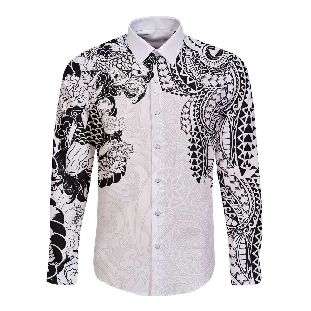 Japanese Irezumi and Hawaiian Polynesian Art Tattoo Long Sleeve Button Shirt White Color - Wonder Print Shop