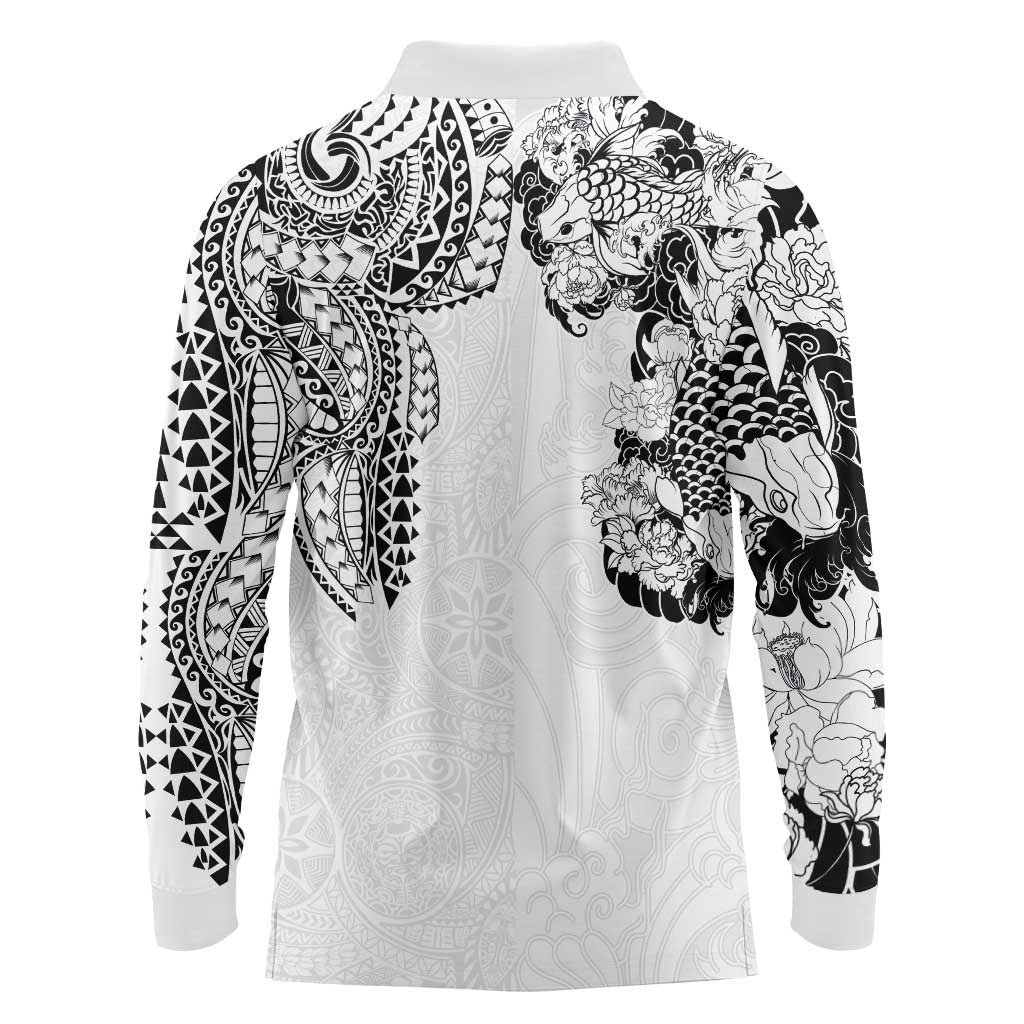 Japanese Irezumi and Hawaiian Polynesian Art Tattoo Long Sleeve Polo Shirt White Color - Wonder Print Shop