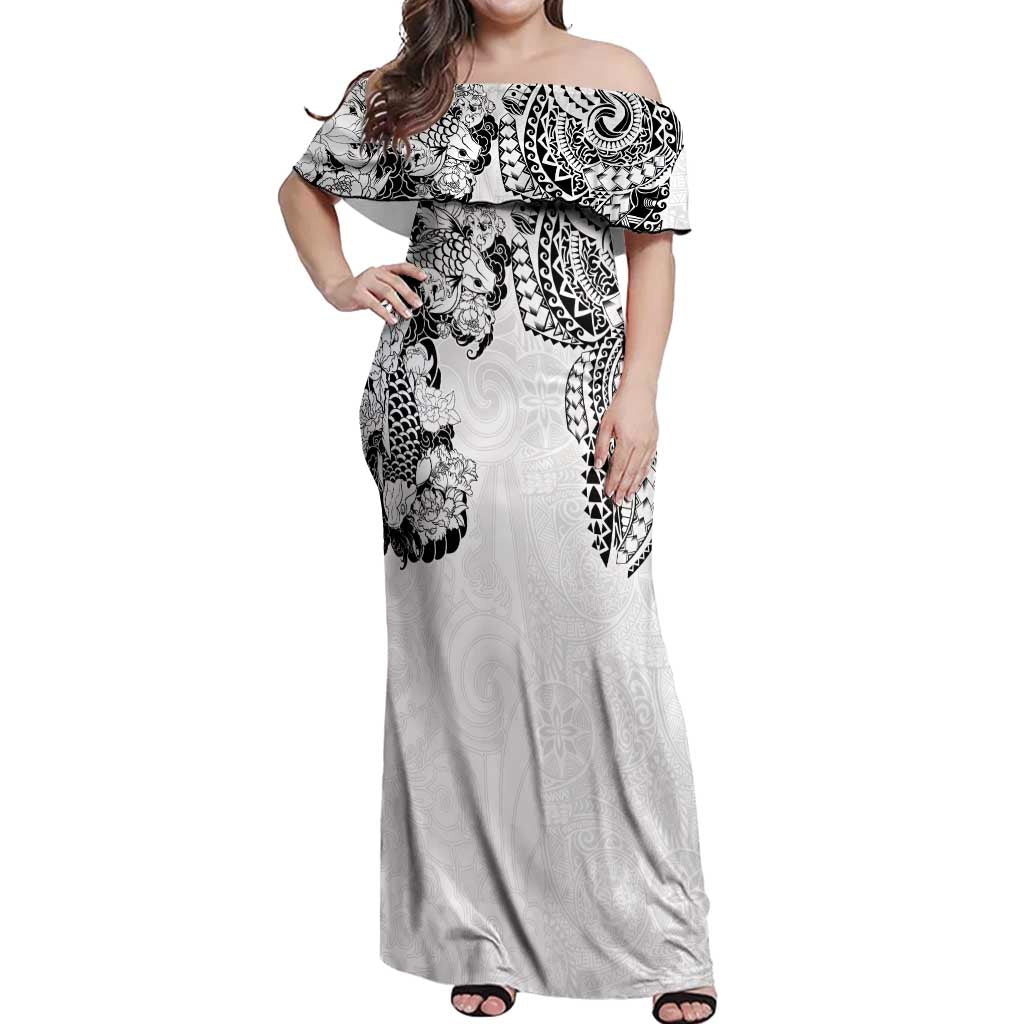Japanese Irezumi and Hawaiian Polynesian Art Tattoo Off Shoulder Maxi Dress White Color - Wonder Print Shop