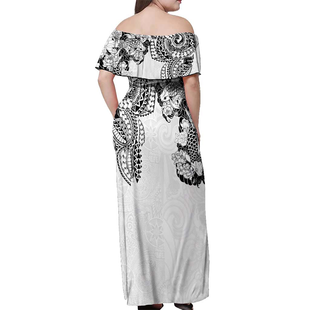 Japanese Irezumi and Hawaiian Polynesian Art Tattoo Off Shoulder Maxi Dress White Color - Wonder Print Shop