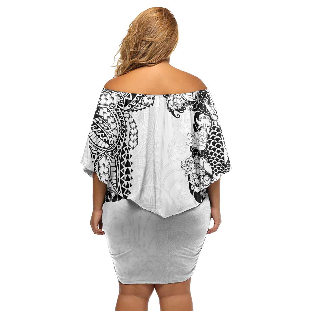 Japanese Irezumi and Hawaiian Polynesian Art Tattoo Off Shoulder Short Dress White Color - Wonder Print Shop