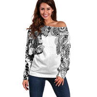 Japanese Irezumi and Hawaiian Polynesian Art Tattoo Off Shoulder Sweater White Color - Wonder Print Shop