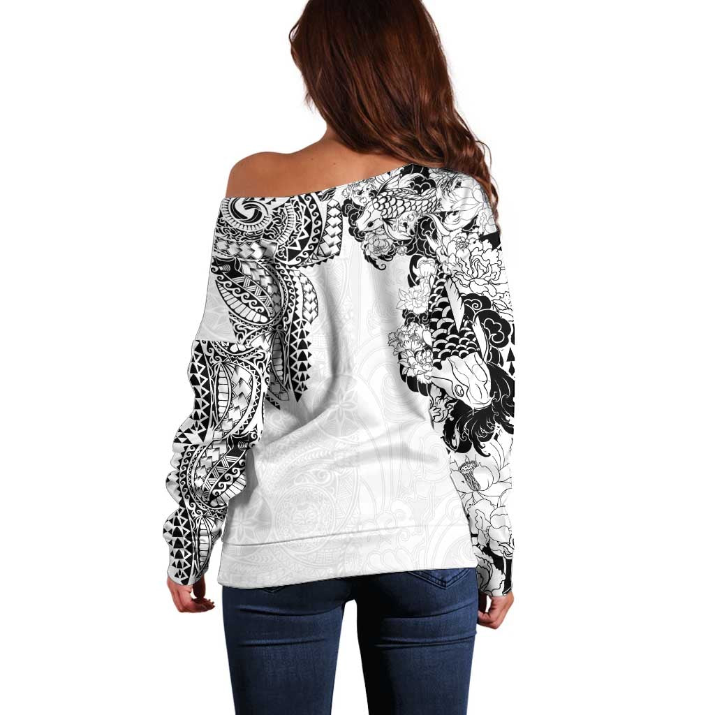 Japanese Irezumi and Hawaiian Polynesian Art Tattoo Off Shoulder Sweater White Color - Wonder Print Shop