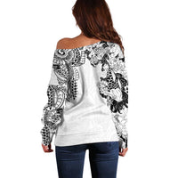 Japanese Irezumi and Hawaiian Polynesian Art Tattoo Off Shoulder Sweater White Color - Wonder Print Shop