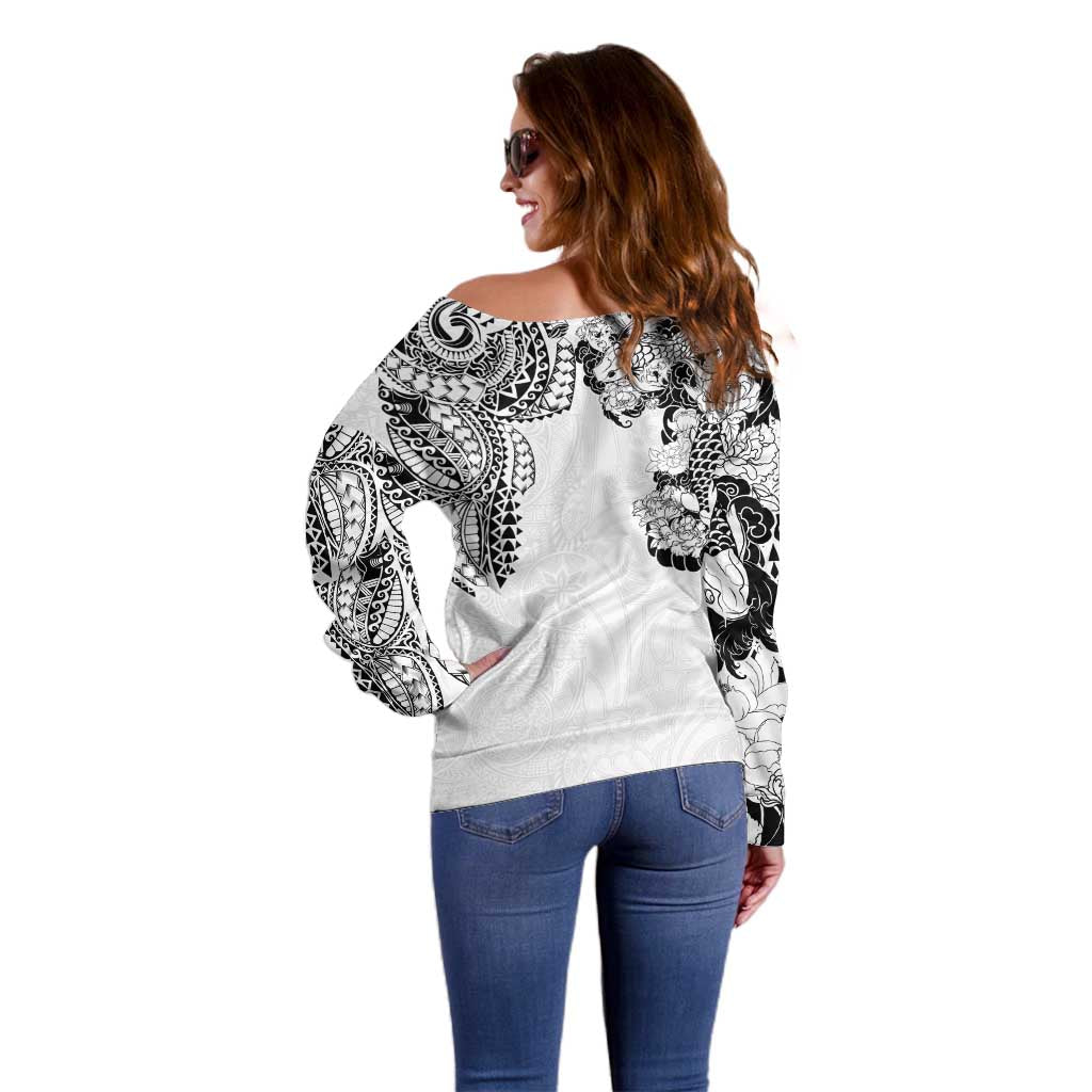 Japanese Irezumi and Hawaiian Polynesian Art Tattoo Off Shoulder Sweater White Color - Wonder Print Shop