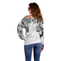 Japanese Irezumi and Hawaiian Polynesian Art Tattoo Off Shoulder Sweater White Color - Wonder Print Shop