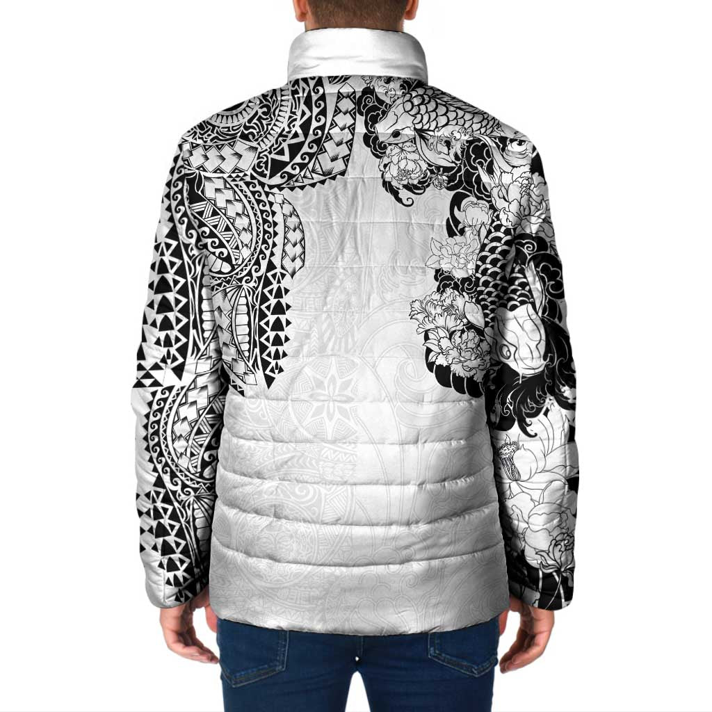 Japanese Irezumi and Hawaiian Polynesian Art Tattoo Padded Jacket White Color - Wonder Print Shop