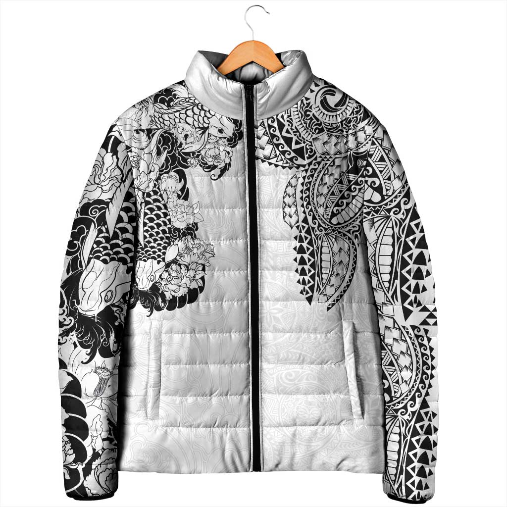 Japanese Irezumi and Hawaiian Polynesian Art Tattoo Padded Jacket White Color - Wonder Print Shop