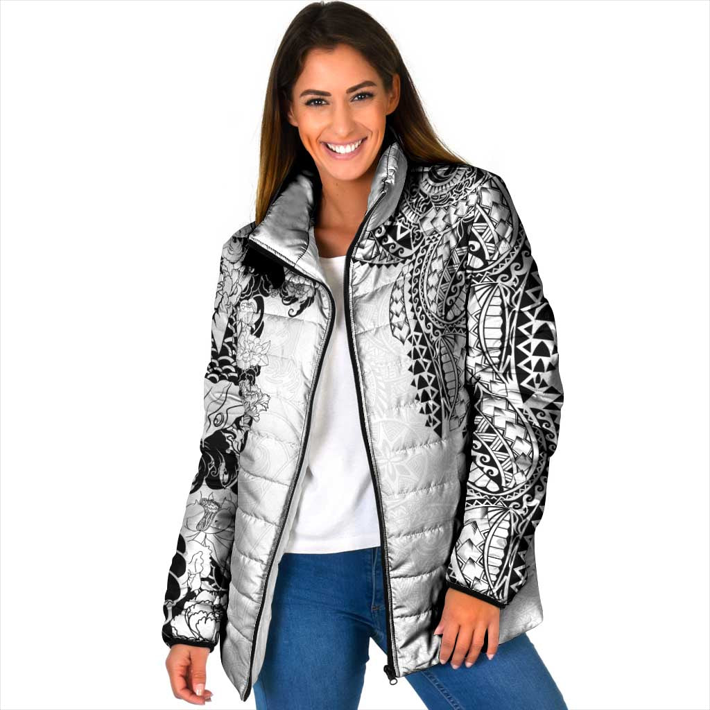 Japanese Irezumi and Hawaiian Polynesian Art Tattoo Padded Jacket White Color - Wonder Print Shop