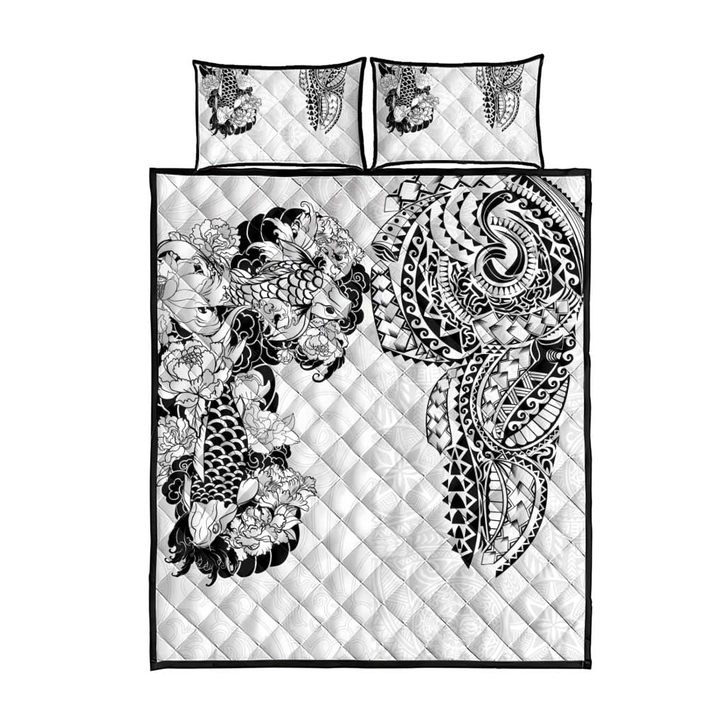 Japanese Irezumi and Hawaiian Polynesian Art Tattoo Quilt Bed Set White Color - Wonder Print Shop