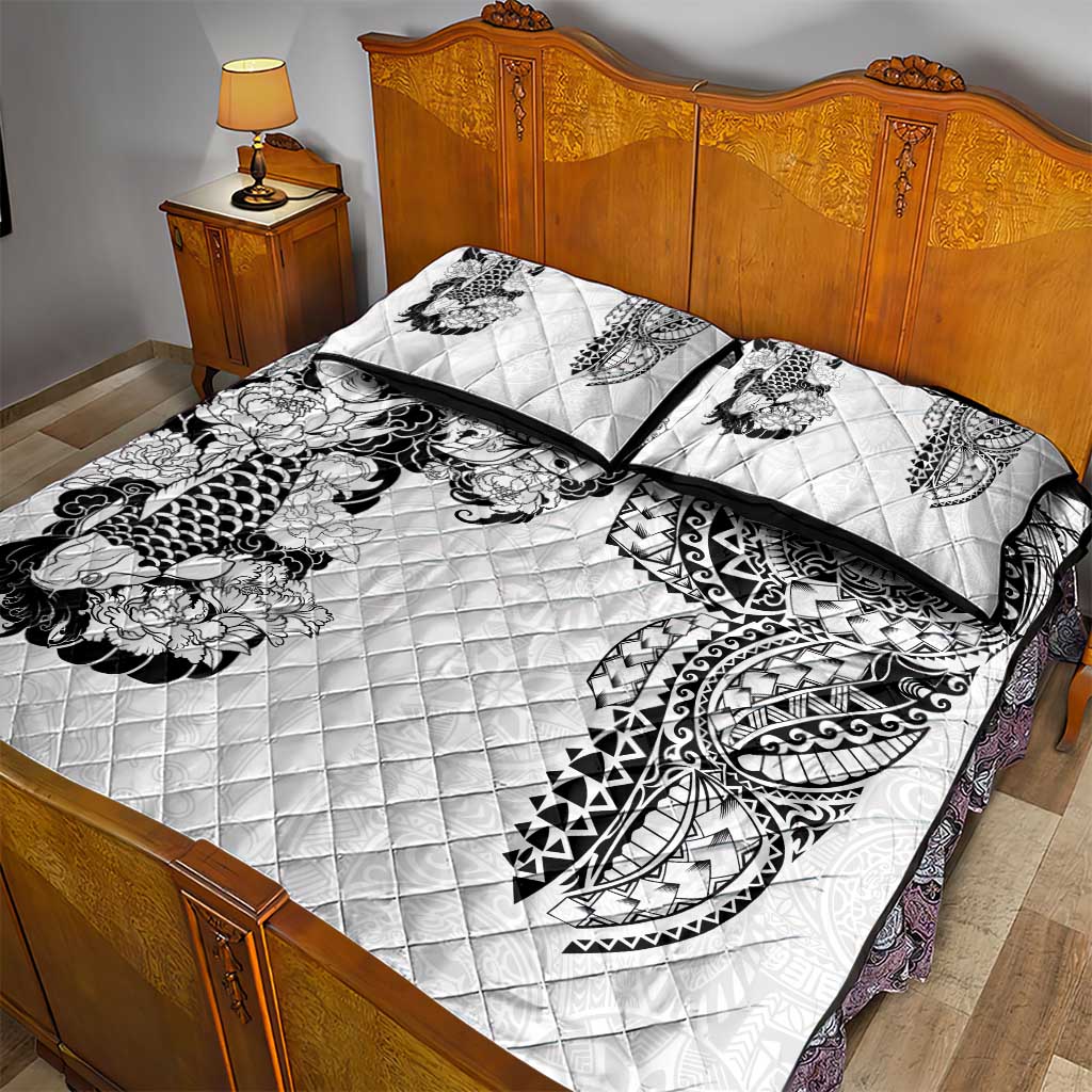 Japanese Irezumi and Hawaiian Polynesian Art Tattoo Quilt Bed Set White Color - Wonder Print Shop