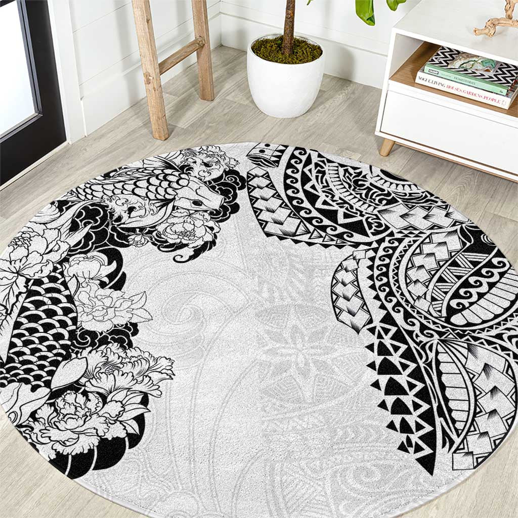 Japanese Irezumi and Hawaiian Polynesian Art Tattoo Round Carpet White Color - Wonder Print Shop