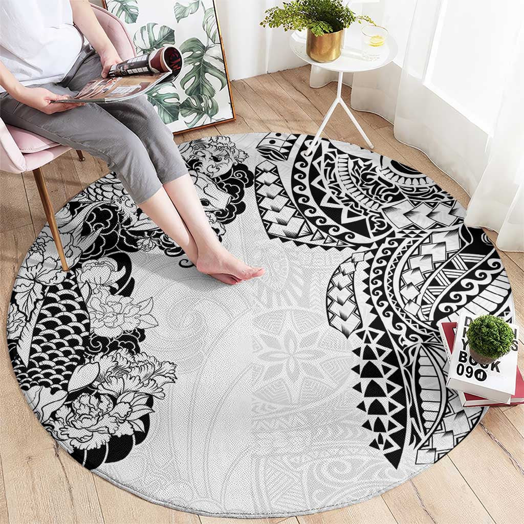 Japanese Irezumi and Hawaiian Polynesian Art Tattoo Round Carpet White Color - Wonder Print Shop