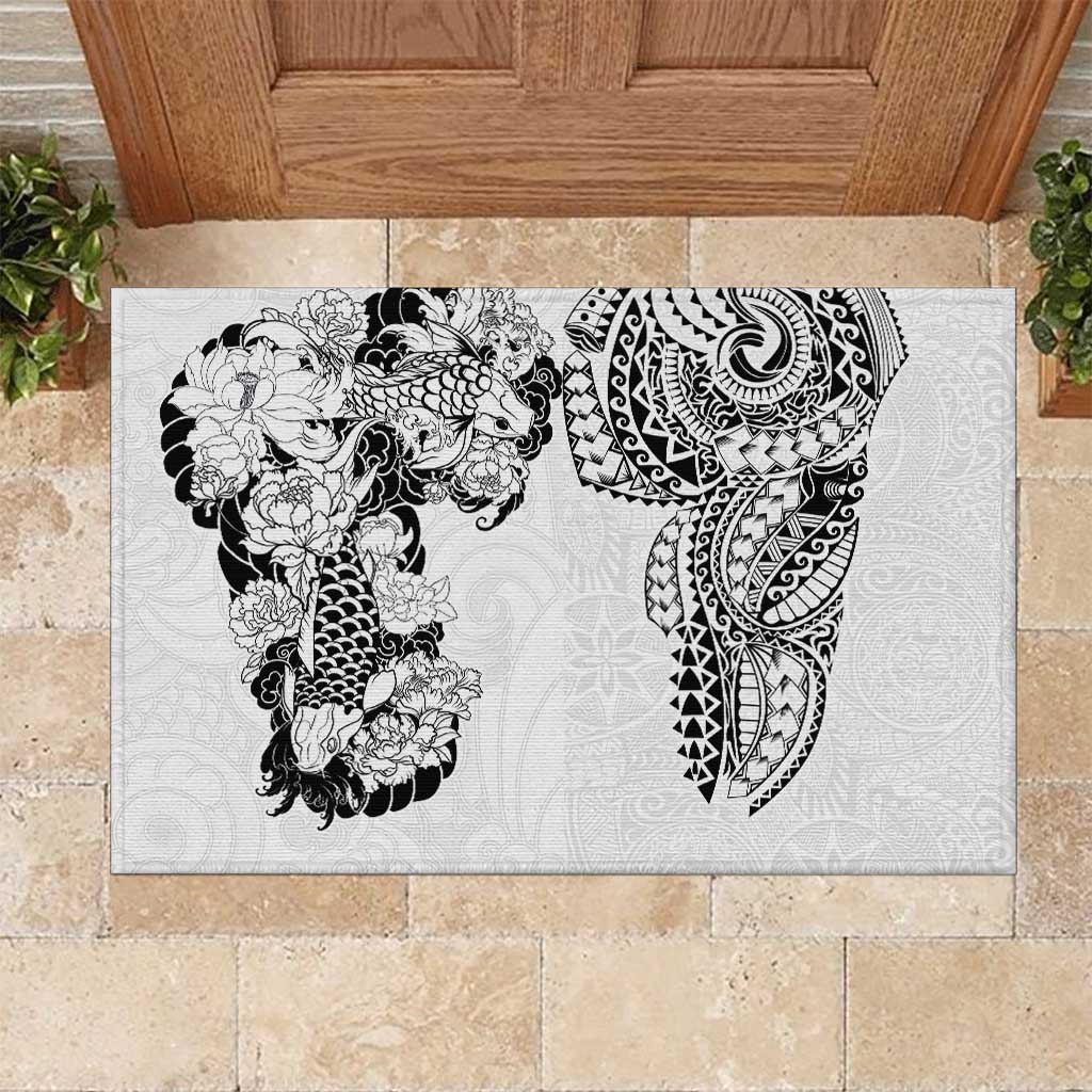 Japanese Irezumi and Hawaiian Polynesian Art Tattoo Rubber Doormat White Color - Wonder Print Shop