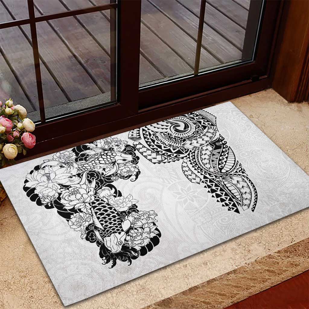 Japanese Irezumi and Hawaiian Polynesian Art Tattoo Rubber Doormat White Color - Wonder Print Shop