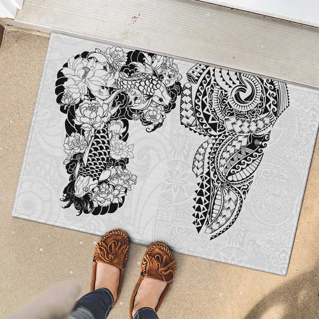Japanese Irezumi and Hawaiian Polynesian Art Tattoo Rubber Doormat White Color - Wonder Print Shop