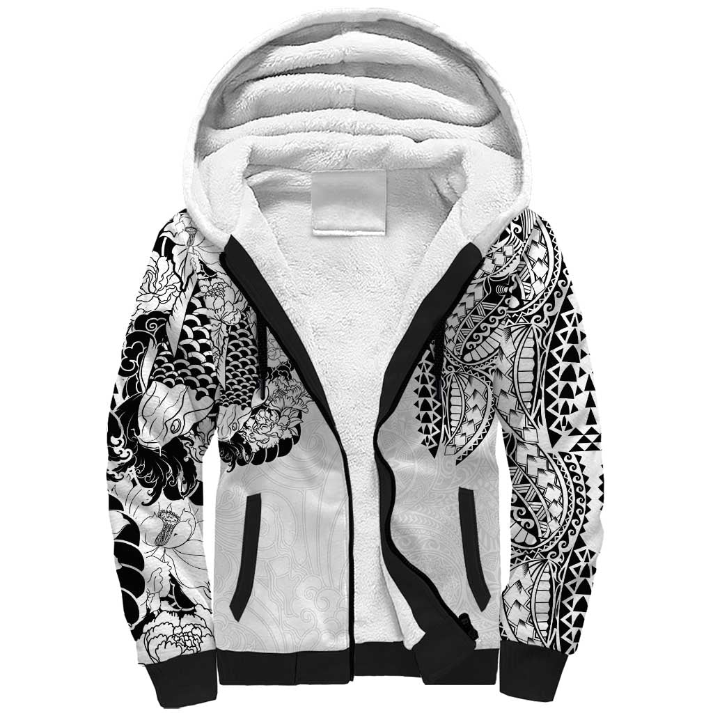Japanese Irezumi and Hawaiian Polynesian Art Tattoo Sherpa Hoodie White Color - Wonder Print Shop