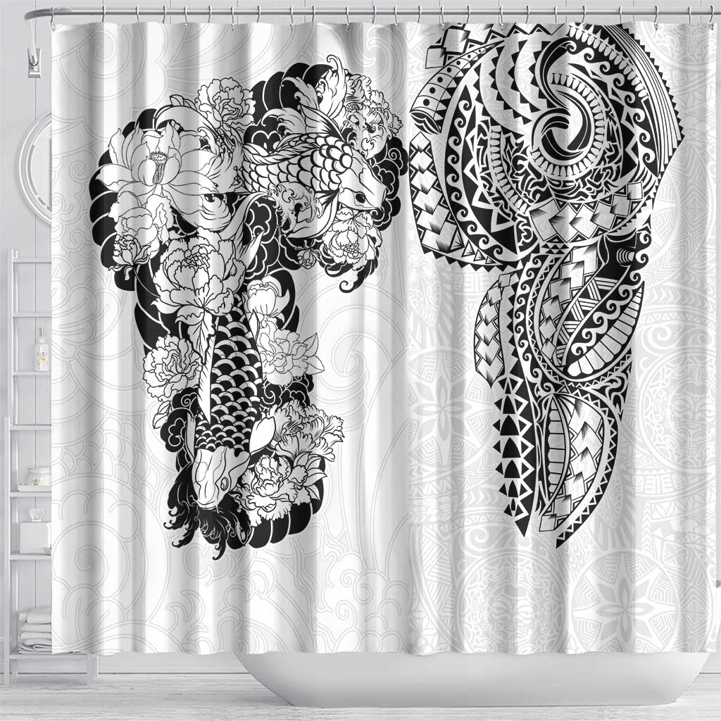 Japanese Irezumi and Hawaiian Polynesian Art Tattoo Shower Curtain White Color - Wonder Print Shop