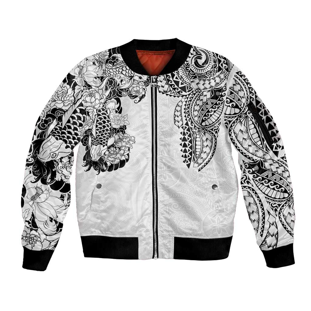 Japanese Irezumi and Hawaiian Polynesian Art Tattoo Sleeve Zip Bomber Jacket White Color - Wonder Print Shop