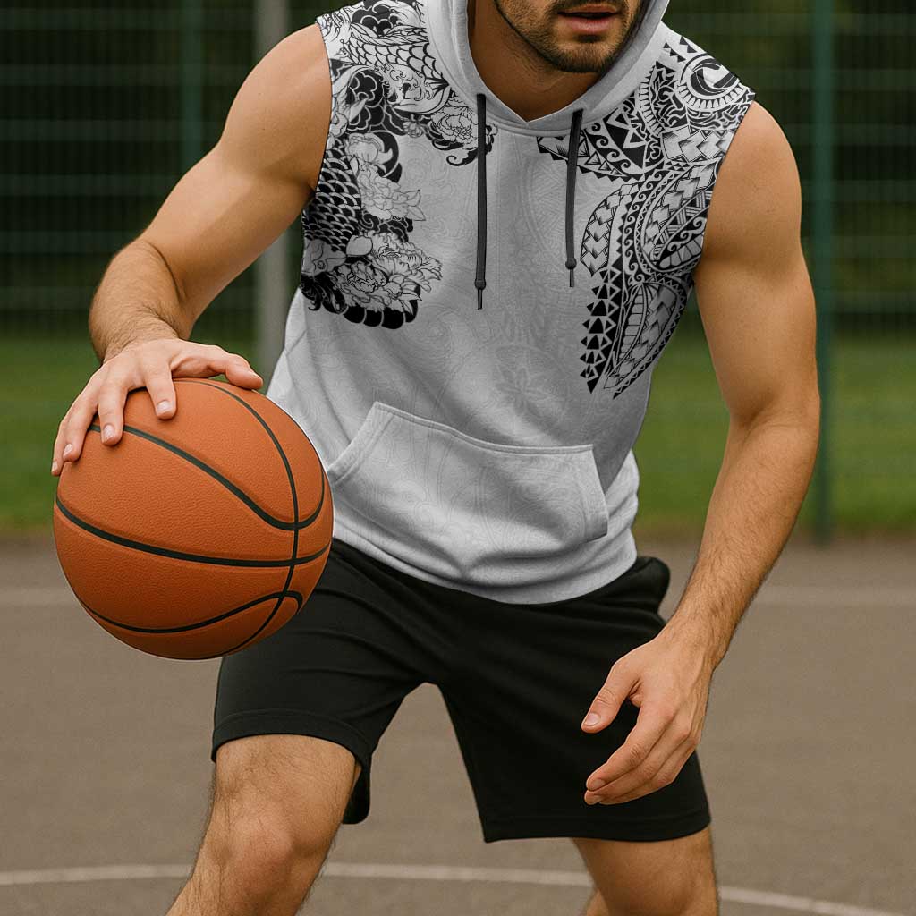 Japanese Irezumi and Hawaiian Polynesian Art Tattoo Sleeveless Hoodie White Color - Wonder Print Shop
