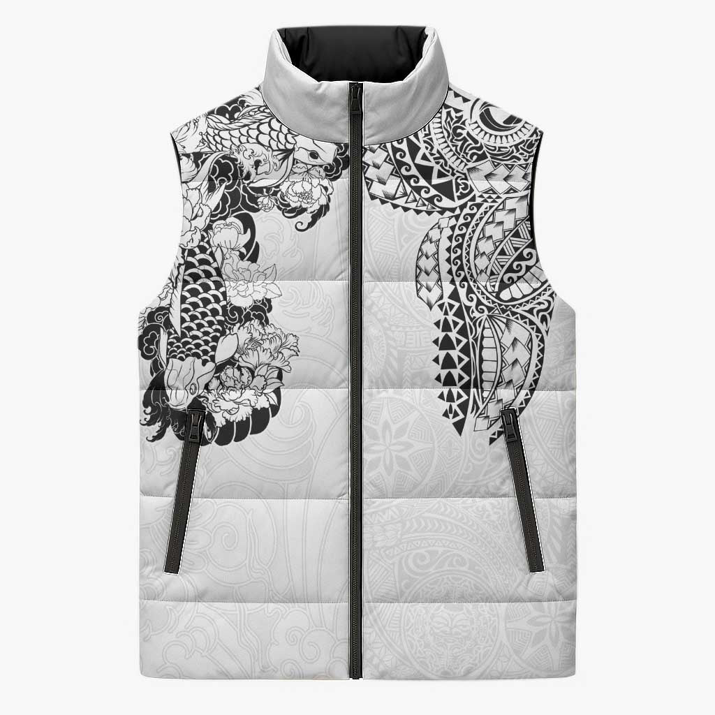 Japanese Irezumi and Hawaiian Polynesian Art Tattoo Sleeveless Puffer Jacket White Color - Wonder Print Shop