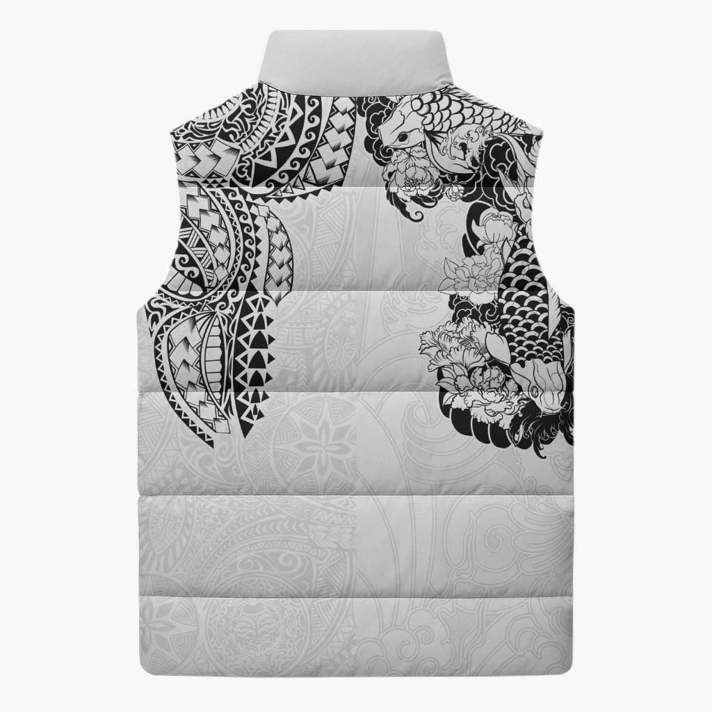 Japanese Irezumi and Hawaiian Polynesian Art Tattoo Sleeveless Puffer Jacket White Color - Wonder Print Shop