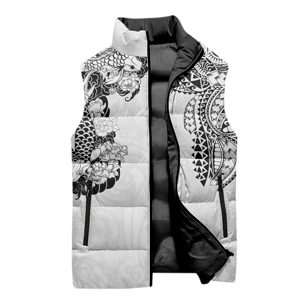 Japanese Irezumi and Hawaiian Polynesian Art Tattoo Sleeveless Puffer Jacket White Color - Wonder Print Shop