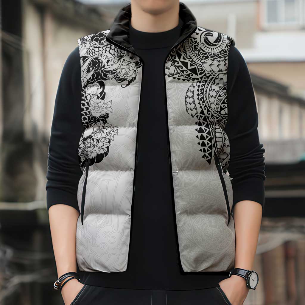 Japanese Irezumi and Hawaiian Polynesian Art Tattoo Sleeveless Puffer Jacket White Color - Wonder Print Shop