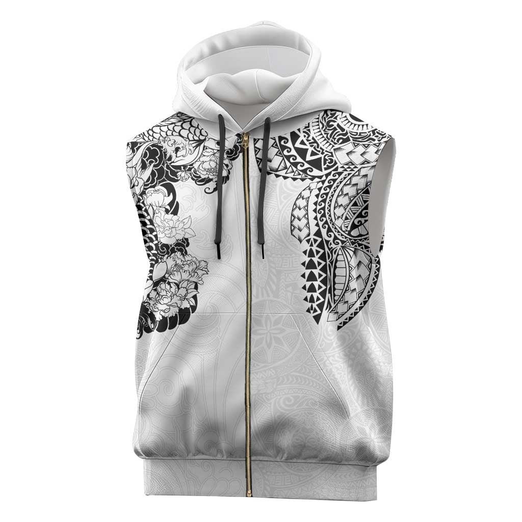 Japanese Irezumi and Hawaiian Polynesian Art Tattoo Sleeveless Zip Hoodie White Color - Wonder Print Shop