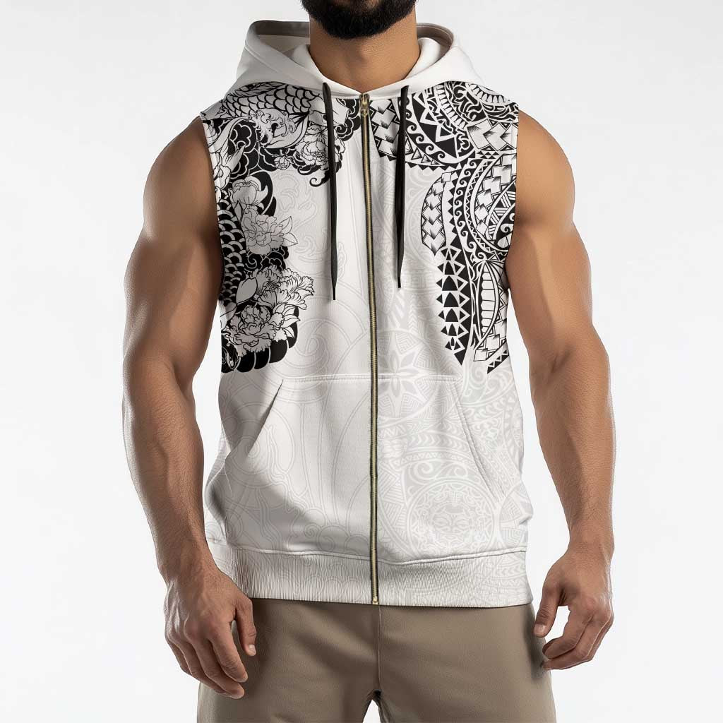 Japanese Irezumi and Hawaiian Polynesian Art Tattoo Sleeveless Zip Hoodie White Color - Wonder Print Shop