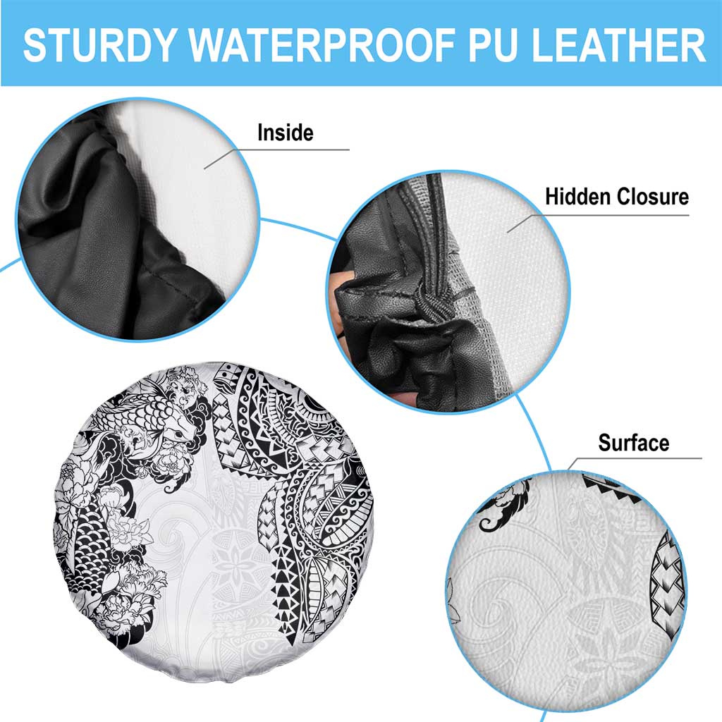 Japanese Irezumi and Hawaiian Polynesian Art Tattoo Spare Tire Cover White Color - Wonder Print Shop