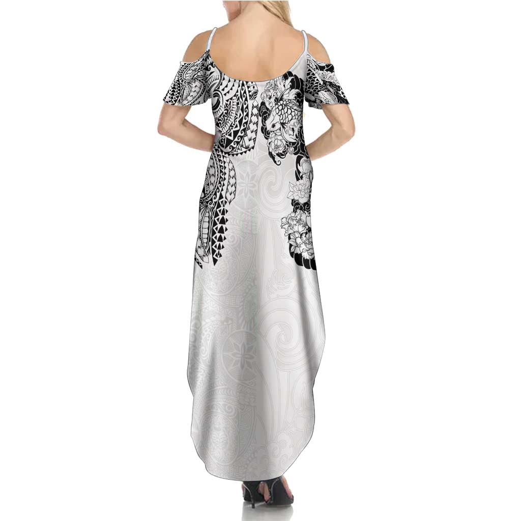 Japanese Irezumi and Hawaiian Polynesian Art Tattoo Summer Maxi Dress White Color - Wonder Print Shop