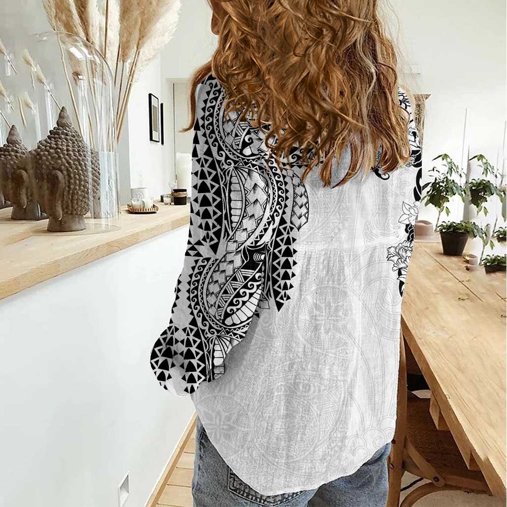Japanese Irezumi and Hawaiian Polynesian Art Tattoo Women Casual Shirt White Color - Wonder Print Shop