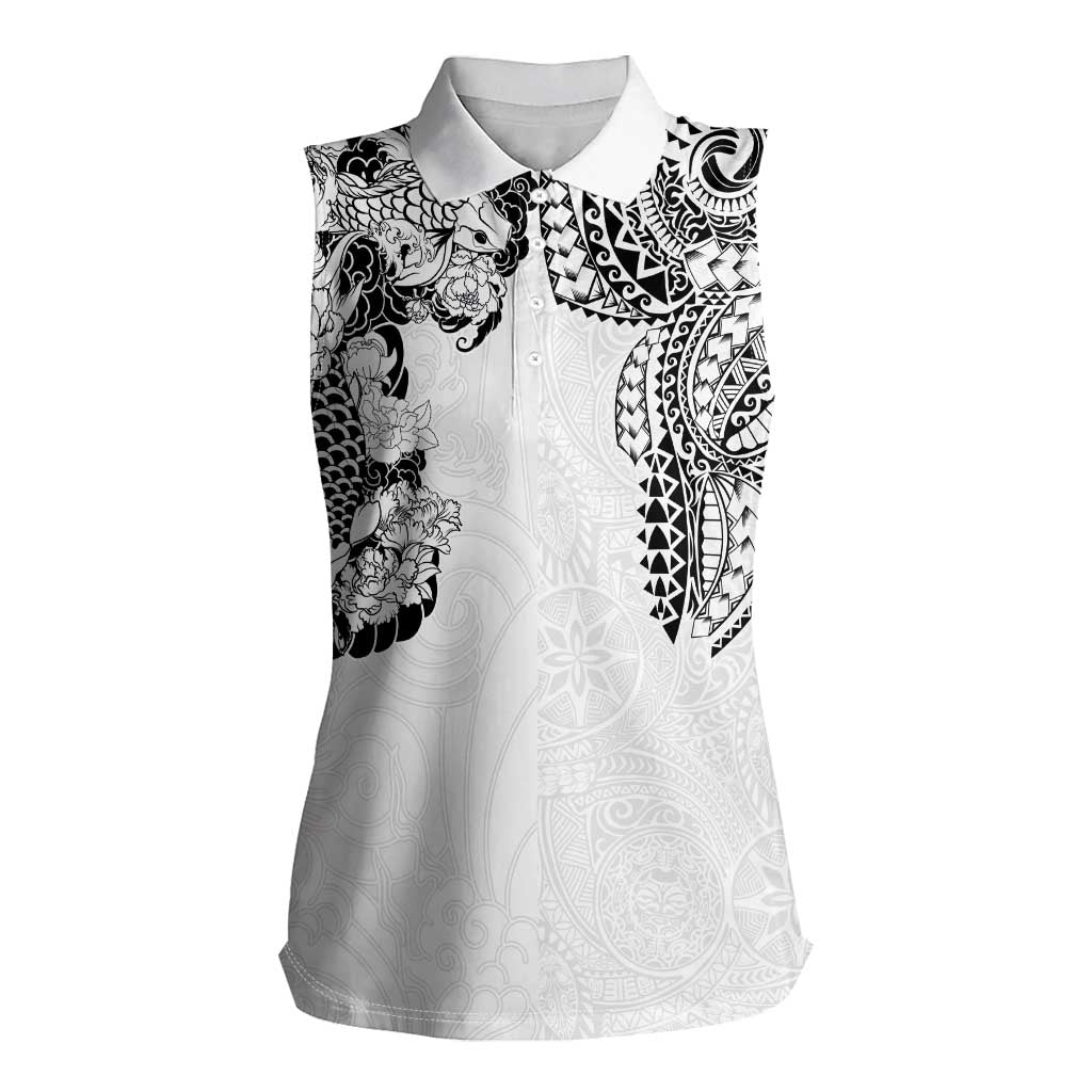 Japanese Irezumi and Hawaiian Polynesian Art Tattoo Women Sleeveless Polo Shirt White Color - Wonder Print Shop