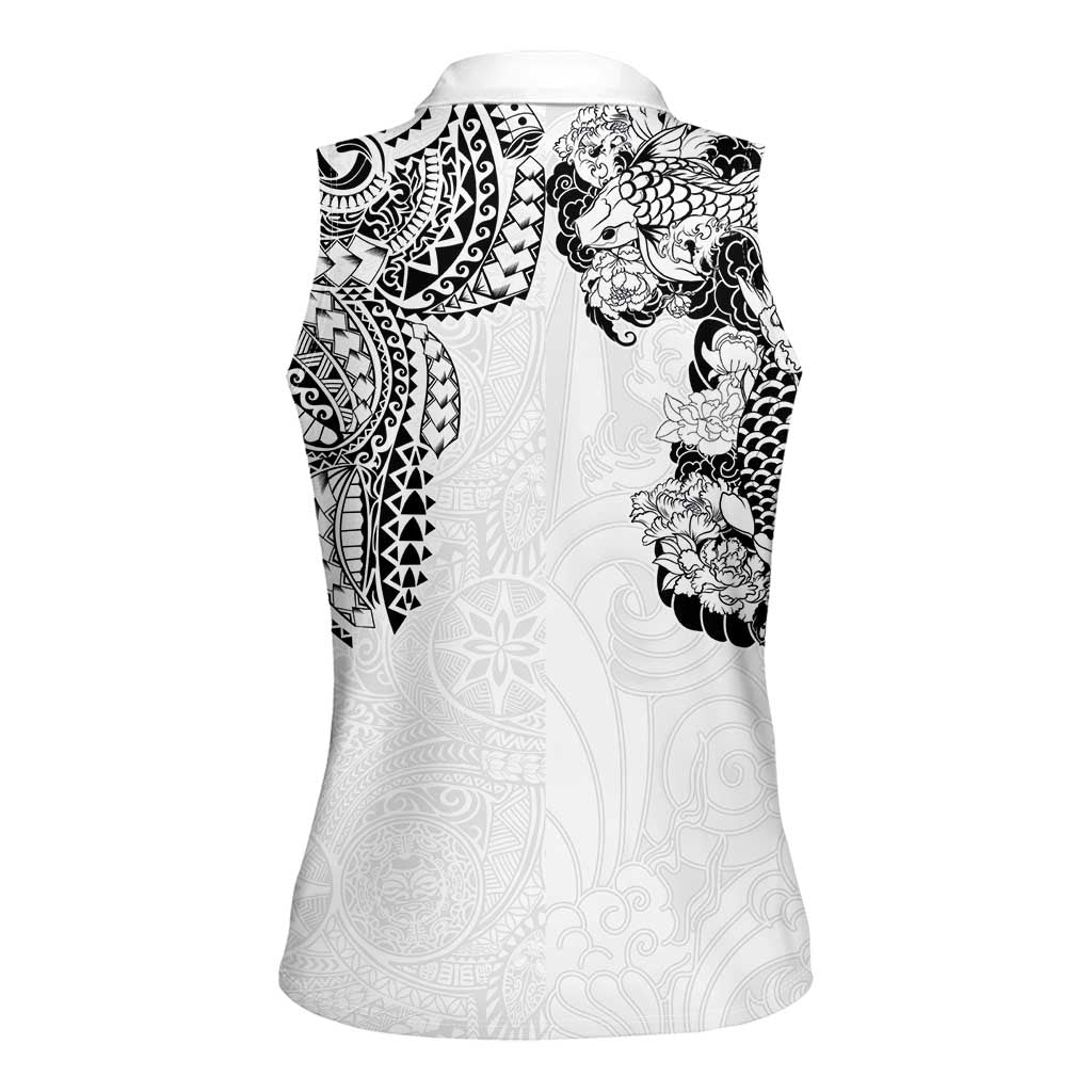 Japanese Irezumi and Hawaiian Polynesian Art Tattoo Women Sleeveless Polo Shirt White Color - Wonder Print Shop