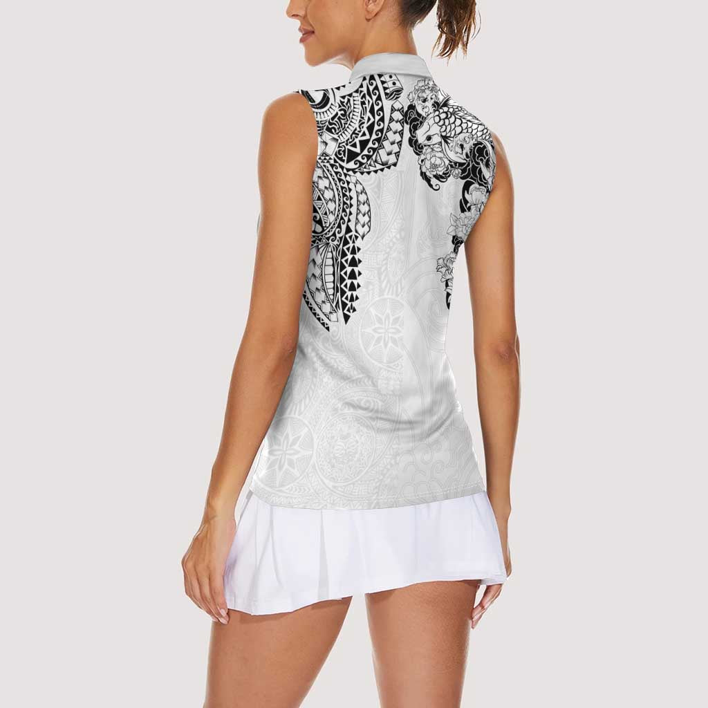 Japanese Irezumi and Hawaiian Polynesian Art Tattoo Women Sleeveless Polo Shirt White Color - Wonder Print Shop