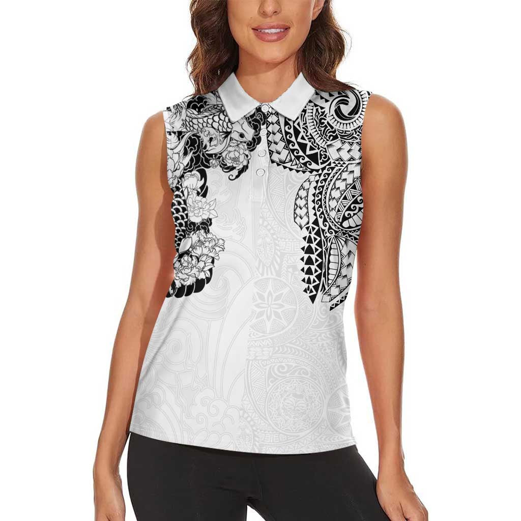 Japanese Irezumi and Hawaiian Polynesian Art Tattoo Women Sleeveless Polo Shirt White Color - Wonder Print Shop