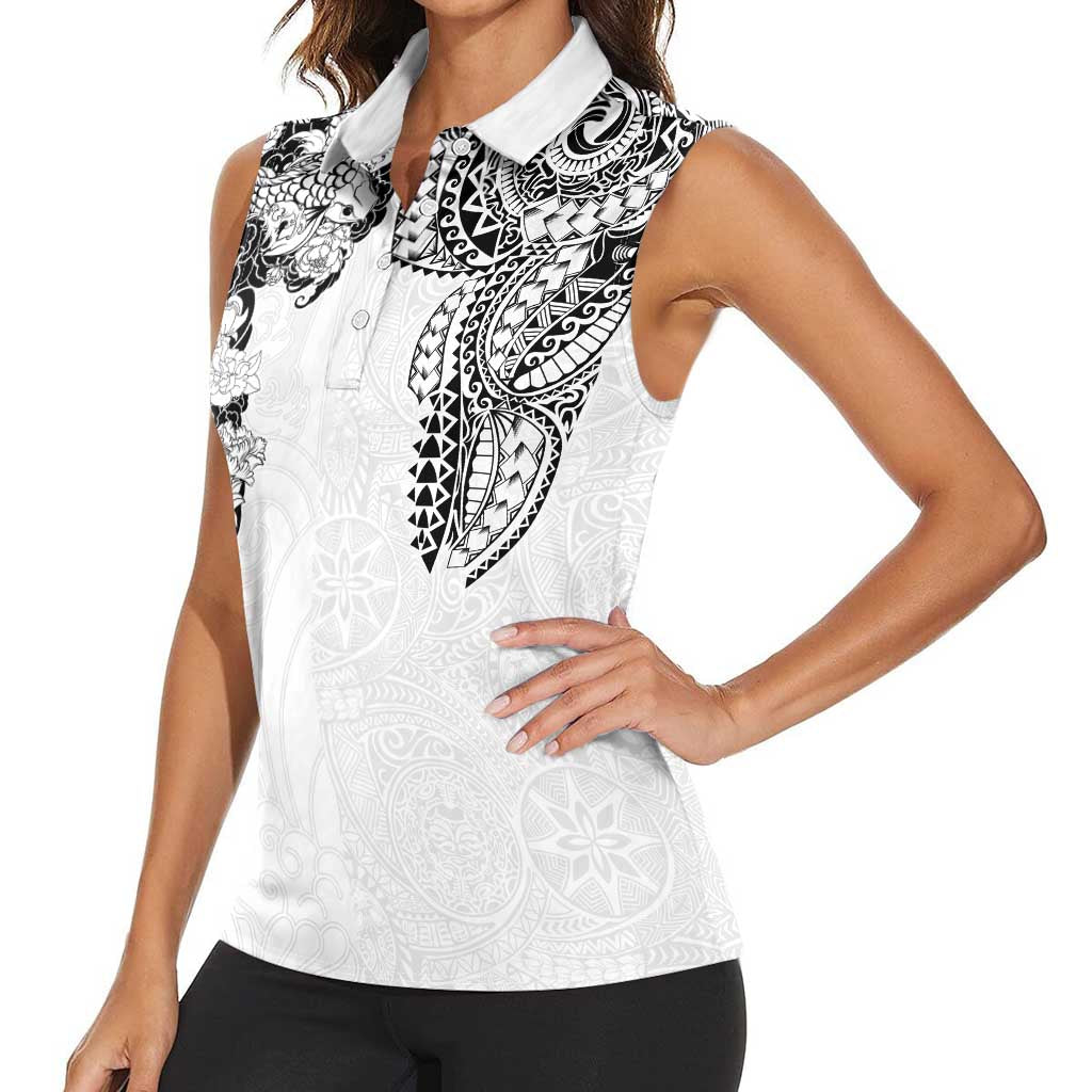 Japanese Irezumi and Hawaiian Polynesian Art Tattoo Women Sleeveless Polo Shirt White Color - Wonder Print Shop