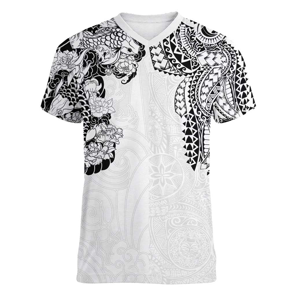 Japanese Irezumi and Hawaiian Polynesian Art Tattoo Women V-Neck T-Shirt White Color - Wonder Print Shop