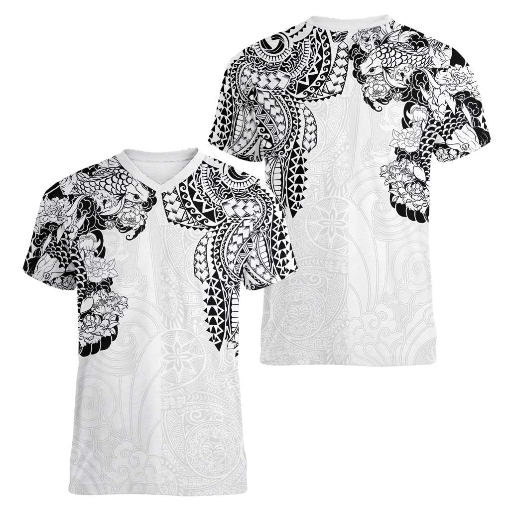 Japanese Irezumi and Hawaiian Polynesian Art Tattoo Women V-Neck T-Shirt White Color - Wonder Print Shop
