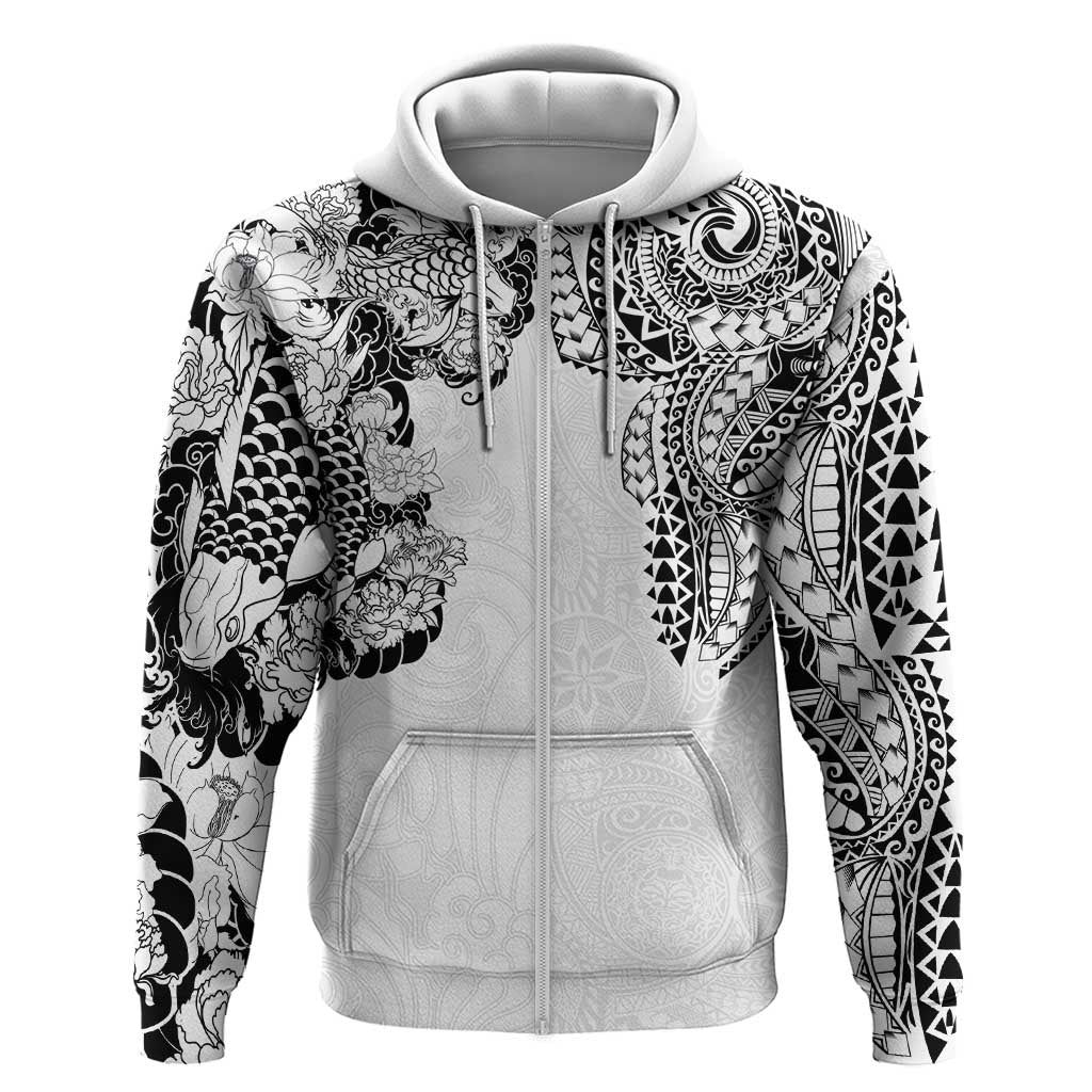 Japanese Irezumi and Hawaiian Polynesian Art Tattoo Zip Hoodie White Color - Wonder Print Shop